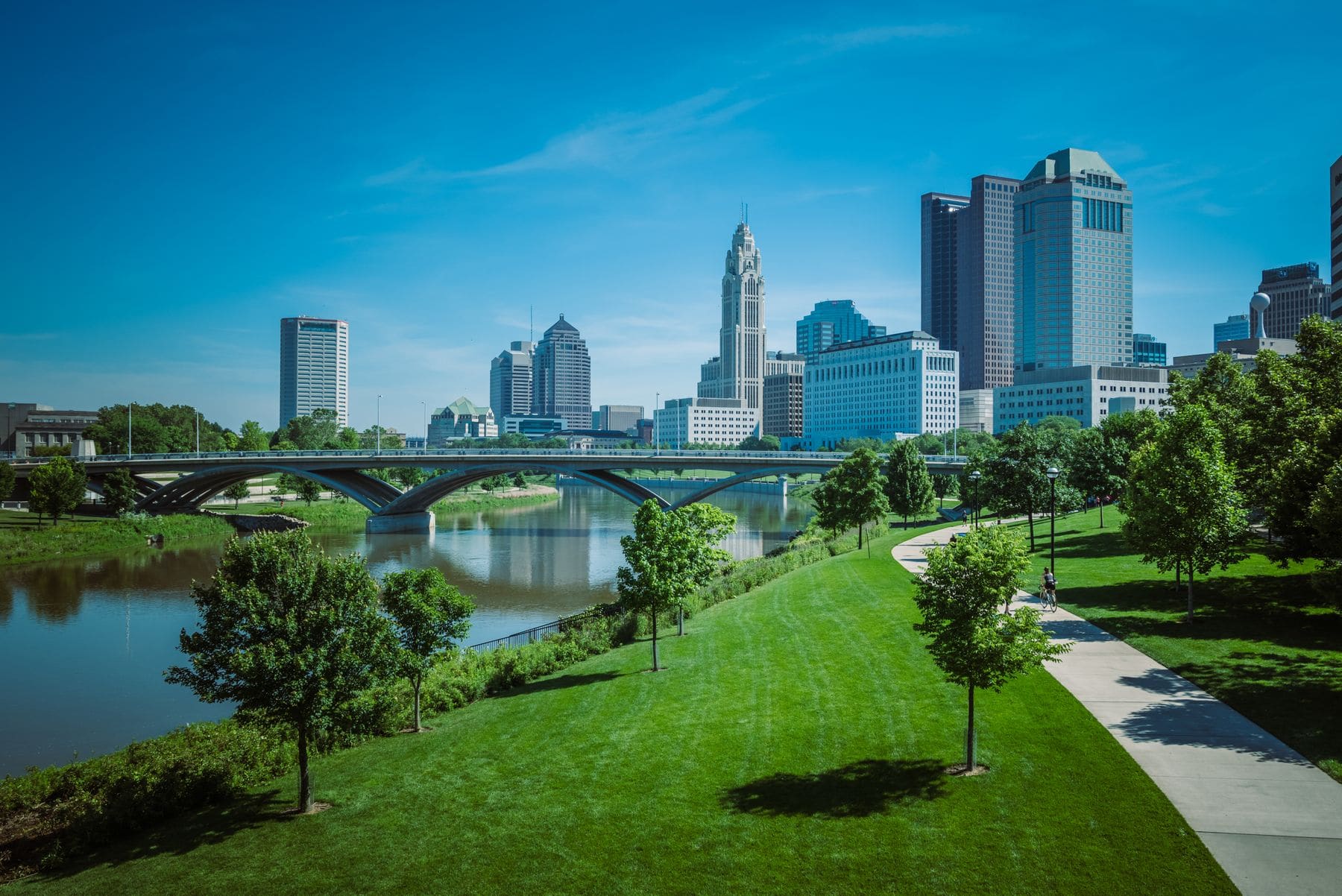 Downtown Columbus skyline and riverfront, shown to represent the PCR Services area